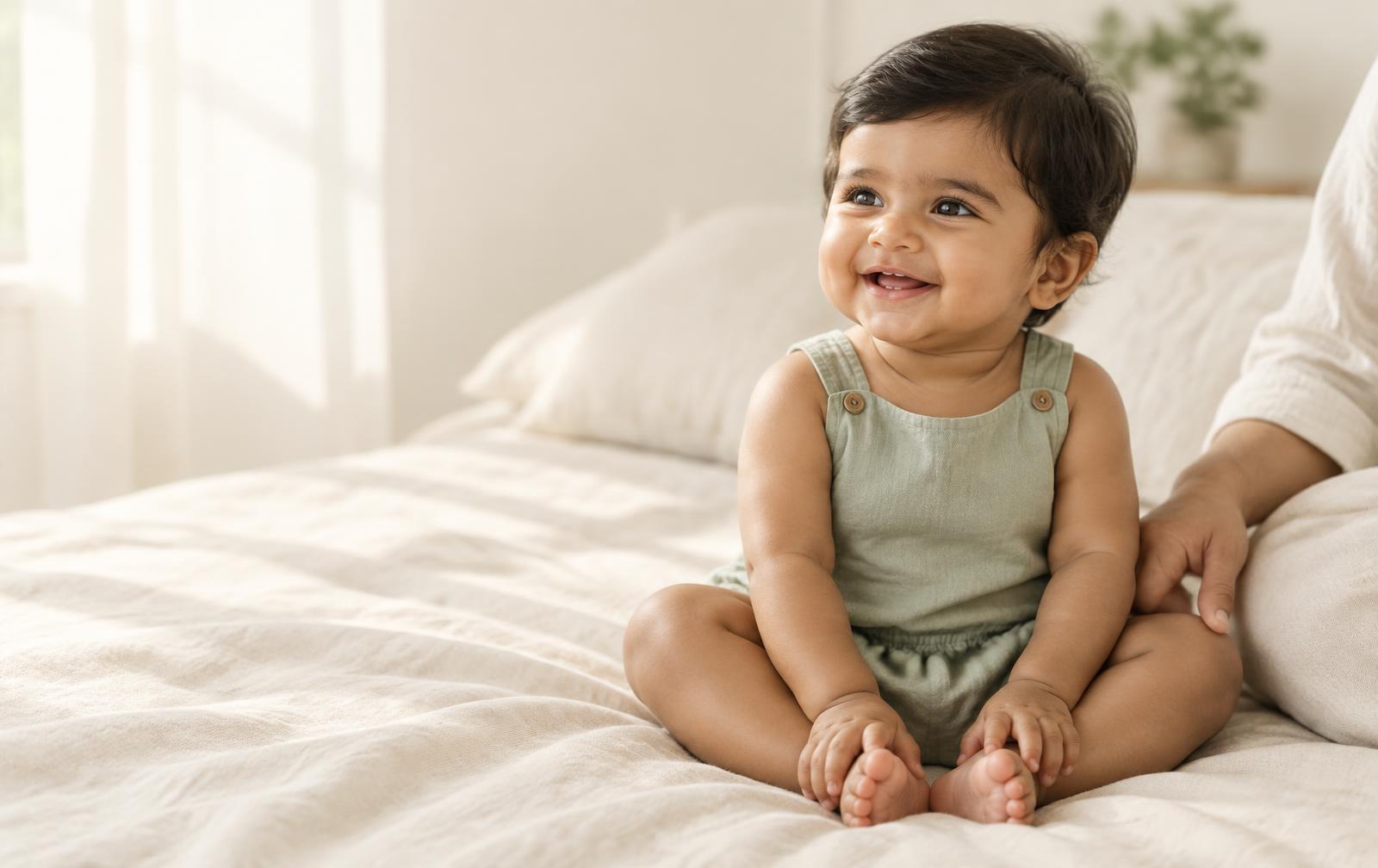A smiling baby in a soft romper