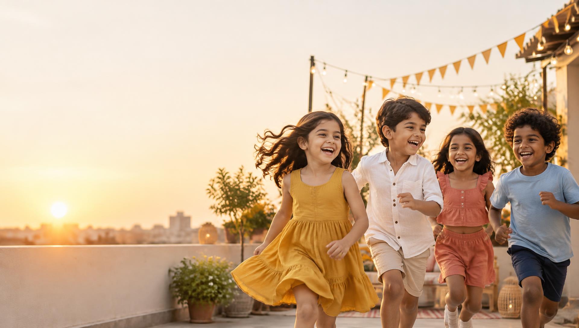 Four children laughing and running on a rooftop strung with lights
