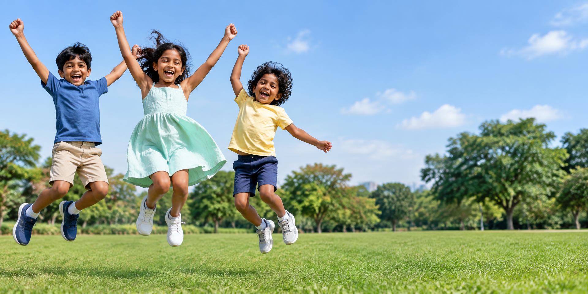 Three children jumping on grass